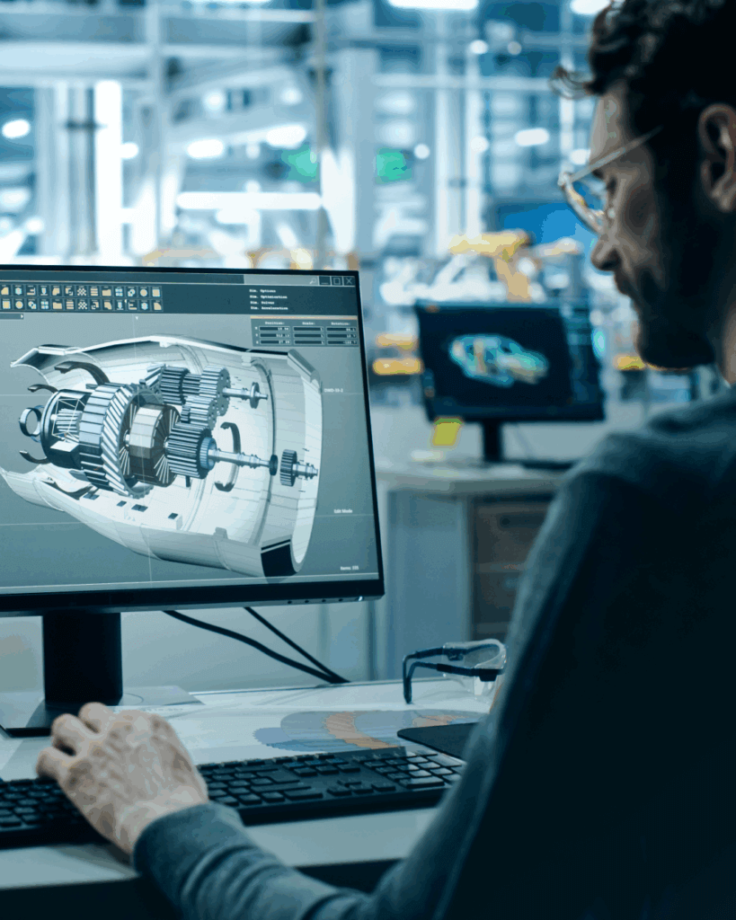Engineer analyseert 3D-CAD model van een tandwielkast op monitor.