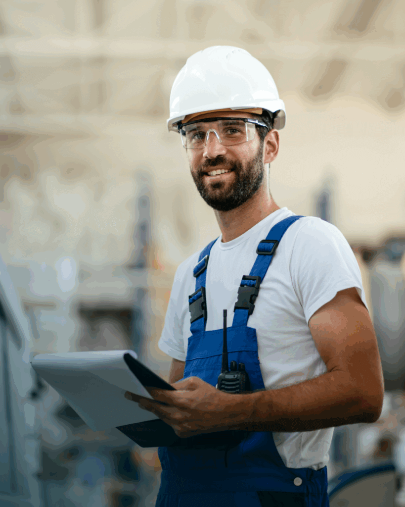 Supervisor met helm en bril controleert werk met clipboard.
